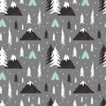 Cute Vector Seamless Pattern With Childrens Drawing - Snow Forest, Mountains, Trees.